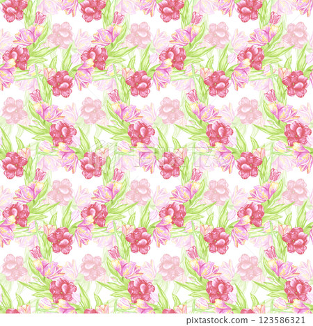 Hand drawn watercolor pink and scarlet tulips with green leaves seamless pattern. Illustration isolated on white background. Can be used for textile, fabric, wrapping and other printed products. Hand drawn watercolor pink and scarlet tulips with green leaves seamless pattern. Illustration isolated on white background. Can be used for textile, fabric, wrapping and other printed products. 123586321