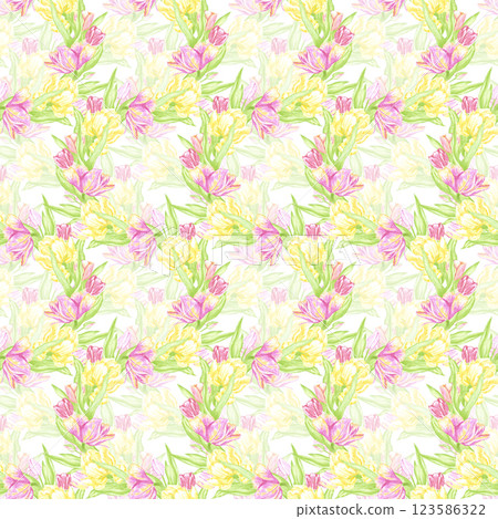 Hand drawn watercolor pink and yellow tulips with green leaves wreath seamless pattern. Illustration isolated on white background. Can be used for textile, fabric, wrapping and other printed products. Hand drawn watercolor pink and yellow tulips with green leaves wreath seamless pattern. Illustration isolated on white background. Can be used for textile, fabric, wrapping and other printed products. 123586322