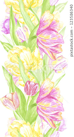 Hand drawn watercolor colorful tulips vertical seamless border. Illustration of spring flowers isolated on white background. Can be used for textile, fabric, wrapping and other printed products. Hand drawn watercolor colorful tulips vertical seamless border. Illustration of spring flowers isolated on white background. Can be used for textile, fabric, wrapping and other printed products. 123586340