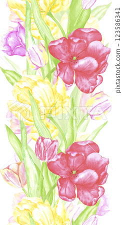Hand drawn watercolor colorful tulips vertical seamless border. Illustration of spring flowers isolated on white background. Can be used for textile, fabric, wrapping and other printed products. Hand drawn watercolor colorful tulips vertical seamless border. Illustration of spring flowers isolated on white background. Can be used for textile, fabric, wrapping and other printed products. 123586341