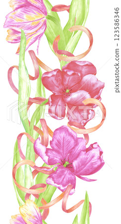Hand drawn watercolor colorful tulips with ribbons vertical seamless border. Illustration of flowers isolated on white background. Can be used for textile, fabric, wrapping and other printed products. Hand drawn watercolor colorful tulips with ribbons vertical seamless border. Illustration of flowers isolated on white background. Can be used for textile, fabric, wrapping and other printed products. 123586346