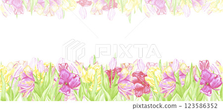 Hand drawn watercolor colorful tulips with green leaves banner frame border. Illustration of flowers isolated on white background. Can be used for banner, advertising and other printed products. Hand drawn watercolor colorful tulips with green leaves banner frame border. Illustration of flowers isolated on white background. Can be used for banner, advertising and other printed products. 123586352