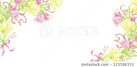 Hand drawn watercolor colorful tulips with green leaves and ribbons banner frame border. Illustration isolated on white background. Can be used for banner, advertising and other printed products. Hand drawn watercolor colorful tulips with green leaves and ribbons banner frame border. Illustration isolated on white background. Can be used for banner, advertising and other printed products. 123586353
