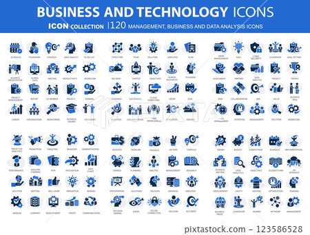 Business, data analysis, organization management and technology icon set. Teamwork, strategy, planning, marketing, cloud technology, data analysis, employee icon set. Icons vector collection Business, data analysis, organization management and technology icon set. Teamwork, strategy, planning, marketing, cloud technology, data analysis, employee icon set. Icons vector collection 123586528