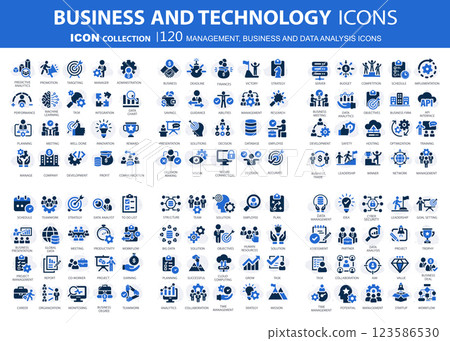 Business, data analysis, organization management and technology icon set. Teamwork, strategy, planning, marketing, cloud technology, data analysis, employee icon set. Icons vector collection 123586530