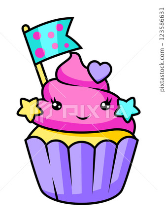 Cupcake in cartoon style. Illustration of cute funny character. 123586631
