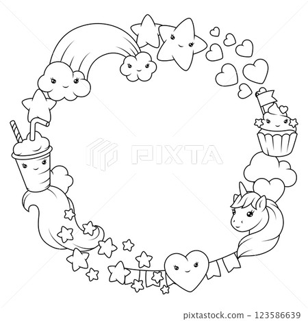Frame with unicorn. Happy birthday party invitation. Frame with unicorn. Happy birthday party invitation. 123586639