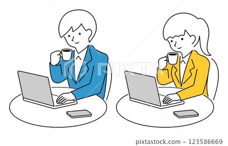 Illustration of a man and woman using a computer while drinking coffee 123586669