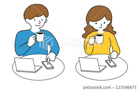 圖：一男一女一邊喝咖啡一邊玩智慧型手機 123586671