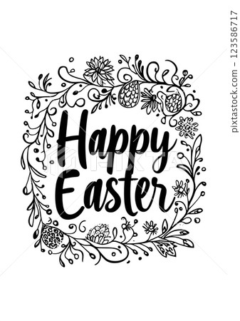 Stylish Black and White Easter Card with Elegant Hand-Drawn Floral Elements, Happy Easter concept 123586717