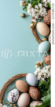 Rustic-Inspired Easter Greeting Background with Decorative Eggs, Happy Easter concept 123586718