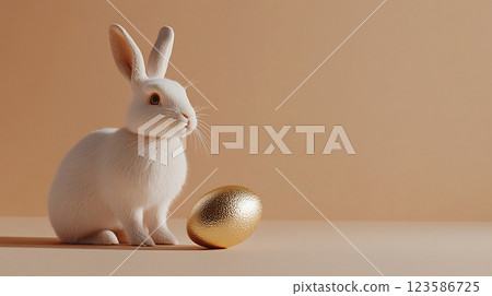 Happy Easter minimalist composition with a pure white rabbit and a golden egg on a soft background 123586725