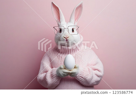 Happy Easter concept with fashionable Easter bunny holding an egg, copy space Happy Easter concept with fashionable Easter bunny holding an egg, copy space 123586774