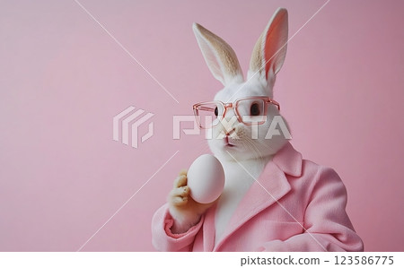 Happy Easter concept with stylish bunny in white sweater holding pastel Easter egg Happy Easter concept with stylish bunny in white sweater holding pastel Easter egg 123586775
