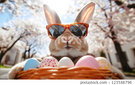 Joyful Easter bunny with reflective sunglasses and pastel eggs, Happy Easter concept 123586796