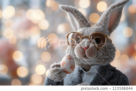 Happy Easter concept with fashionable bunny holding pastel eggs in sunny garden 123586844
