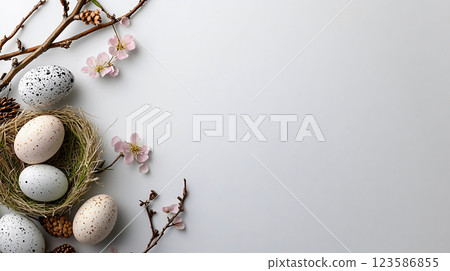 Easter background with pastel speckled eggs and spring flowers, Happy Easter concept Easter background with pastel speckled eggs and spring flowers, Happy Easter concept 123586855