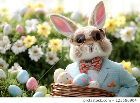 Happy Easter Bunny in Blue Jacket Holding a Basket of Pastel Easter Eggs with copy space 123586904
