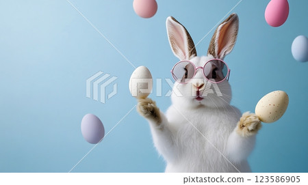 Fashionable White Bunny Juggling Easter Eggs on Blue Background for Happy Easter Concept 123586905