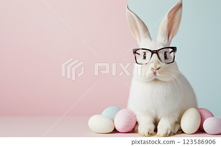Happy Easter Bunny in Glasses with Colorful Eggs on a Pastel Background with copy space 123586906