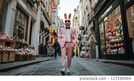 Easter Bunny Posing Elegantly with Decorated Eggs and Spring Flowers 123586909