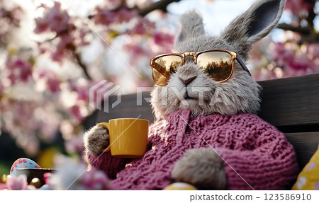 Straight-on view of a cozy Easter Bunny with a yellow cup in a blooming garden, Happy Easter concept 123586910