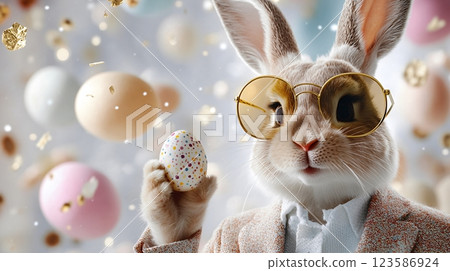 Happy Easter concept with bunny in pastel suit holding speckled Easter egg 123586924
