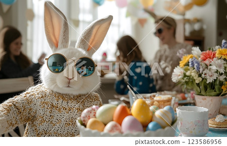 Fashionable Easter Bunny at Festive Party Table with copy space 123586956