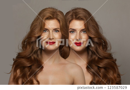 Beautiful woman before and after posing on white background. Two women portrait. 123587029