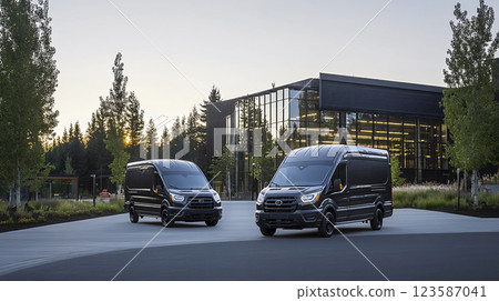 Black modern delivery vans parked in front of a glass building 123587041