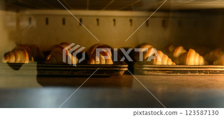 Croissants baked in a commercial bakery oven, bread dough 123587130