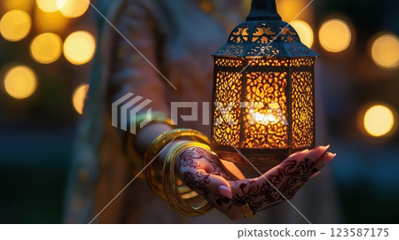 close-up of a woman s hand adorned with henna 123587175