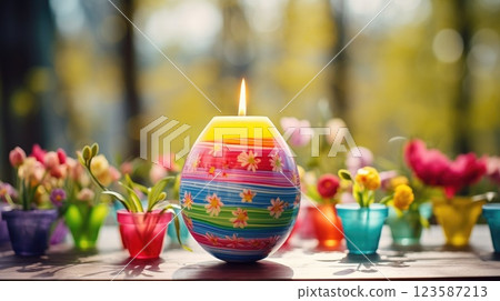 colorful easter egg candle on spring background 123587213