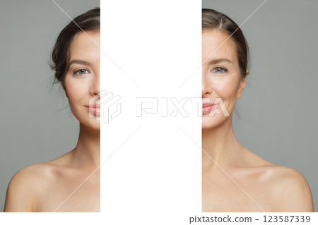 Healthy woman before and after posing on white background. Two women portrait. Healthy woman before and after posing on white background. Two women portrait. 123587339