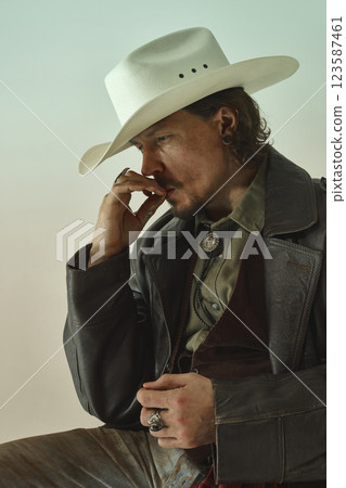 Side view portrait of man dressed as cowboy, wearing leather coat and fedora hat, smoking against light studio background Side view portrait of man dressed as cowboy, wearing leather coat and fedora hat, smoking against light studio background 123587461