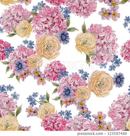 Easter seamless pattern with flowers in tender colors. Watercolor vintage style. 123587480