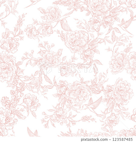 Graphic seamless pattern with flowers and birds. Illustration 123587485