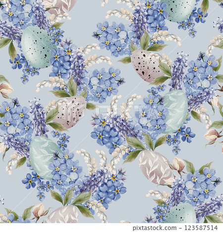Easter seamless pattern with flowers in tender colors. Watercolor vintage style. 123587514
