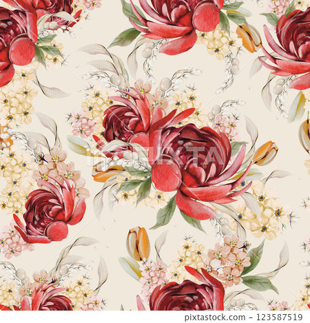 Easter seamless pattern with flowers in tender colors. Watercolor vintage style. 123587519