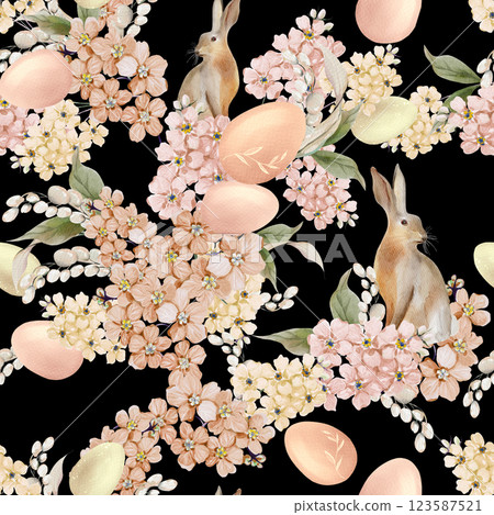 Easter seamless pattern with flowers in tender colors. Watercolor vintage style. 123587521