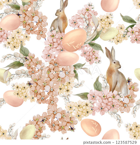 Easter seamless pattern with flowers in tender colors. Watercolor vintage style. 123587529