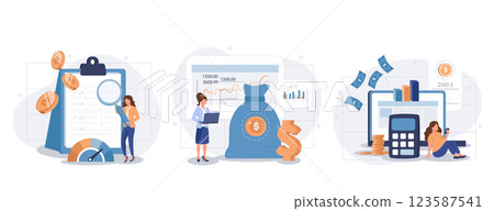 Cost optimization concept set. Idea of financial and marketing strategy. Cost and income balance. Spending and cost reduction, while maximizing business value. Isolated flat illustration vector 123587541
