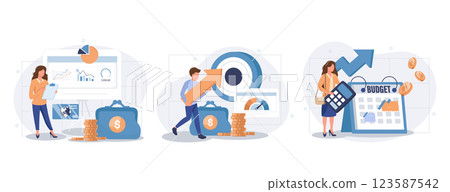 Cost optimization concept set. Idea of financial and marketing strategy. Cost and income balance. Spending and cost reduction, while maximizing business value. Isolated flat illustration vector 123587542