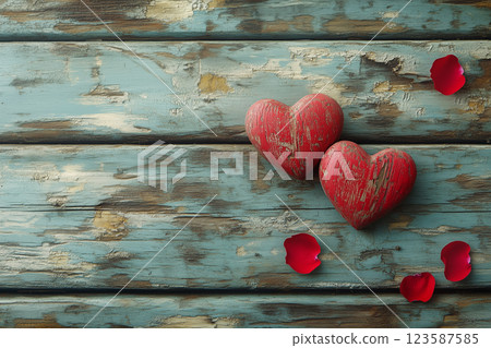 Two weathered red hearts rest on a rustic blue wooden surface, accompanied by scattered rose petals, evoking vintage romance. 123587585