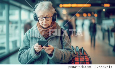 An elderly woman in a warm coat and scarf listens to music with headphones while checking her phone at a busy train station. 123587613