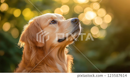 A golden retriever gazes peacefully into the distance, surrounded by warm sunlight and a soft bokeh background of nature. 123587614