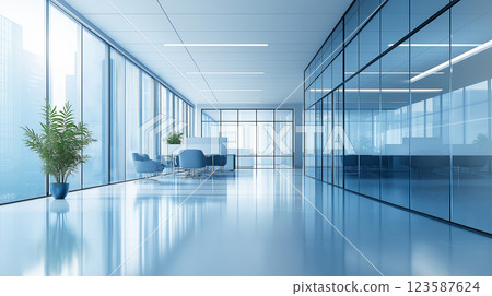 Minimalist corporate office with glass walls, sleek furniture, and natural light, creating a modern and open workspace. 123587624