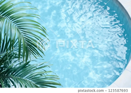 Pool with blue water top view with palm branch on foreground. 123587693