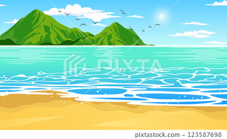 Tropical blue sea and a sand beach with mountain on horizon, vector background. 123587698