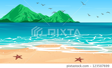 Tropical blue sea and a sand beach with mountain on horizon, vector background. Tropical blue sea and a sand beach with mountain on horizon, vector background. 123587699